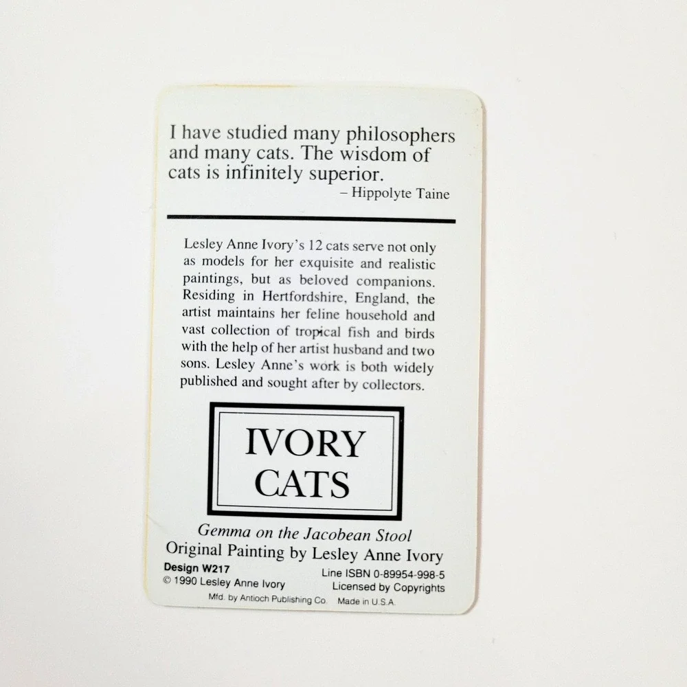 VTG 90s Lesley Ivory Cats Card Bookmark- Gemma Jacobean Stool- 1990 Antioch W217